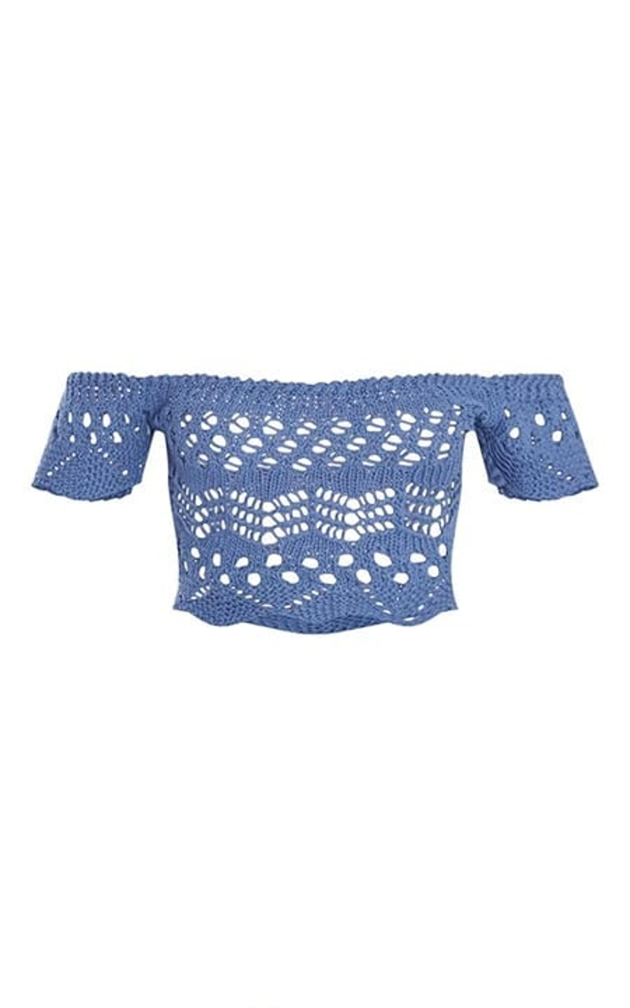 Women's PrettyLittleThing Petite Blue Crochet Knit Bardot Top