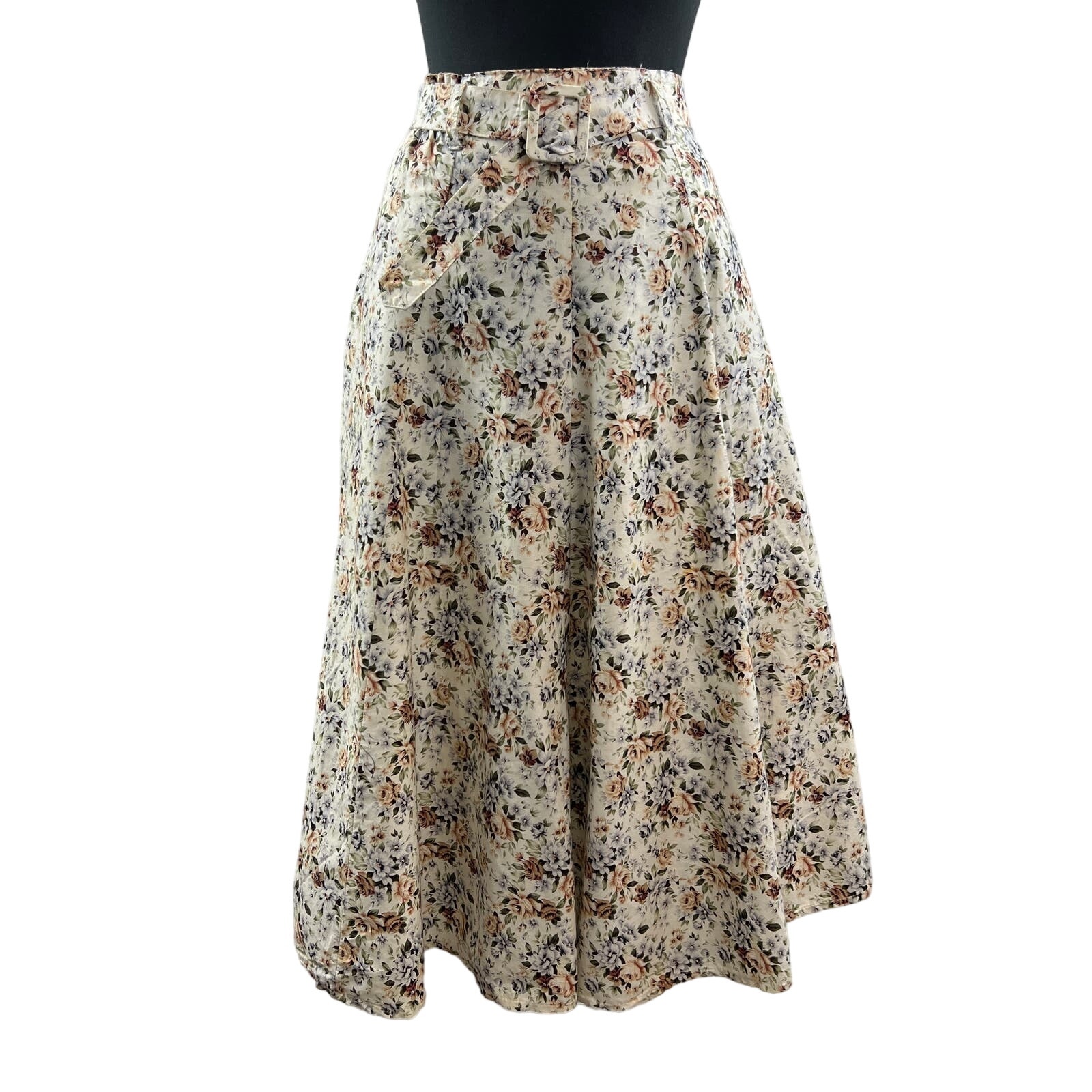 VINTAGE Beige Colors Fit & Flared Skirt Floral Belted Waist Back Zip Pull-On VTG