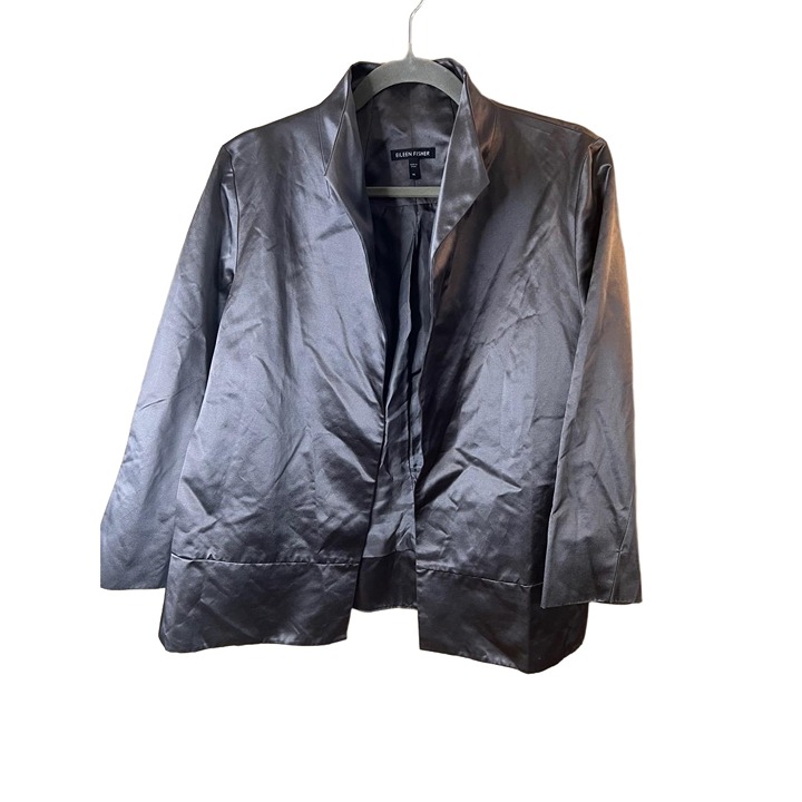 Eileen Fisher Charcoal Silk Collarless Open Front Jacket Medium