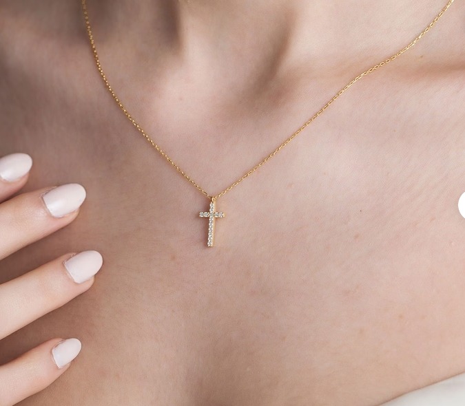 14K Dainty Diamond Cross Necklaces, 18K Solid Gold Crucifix Pendants, Religious