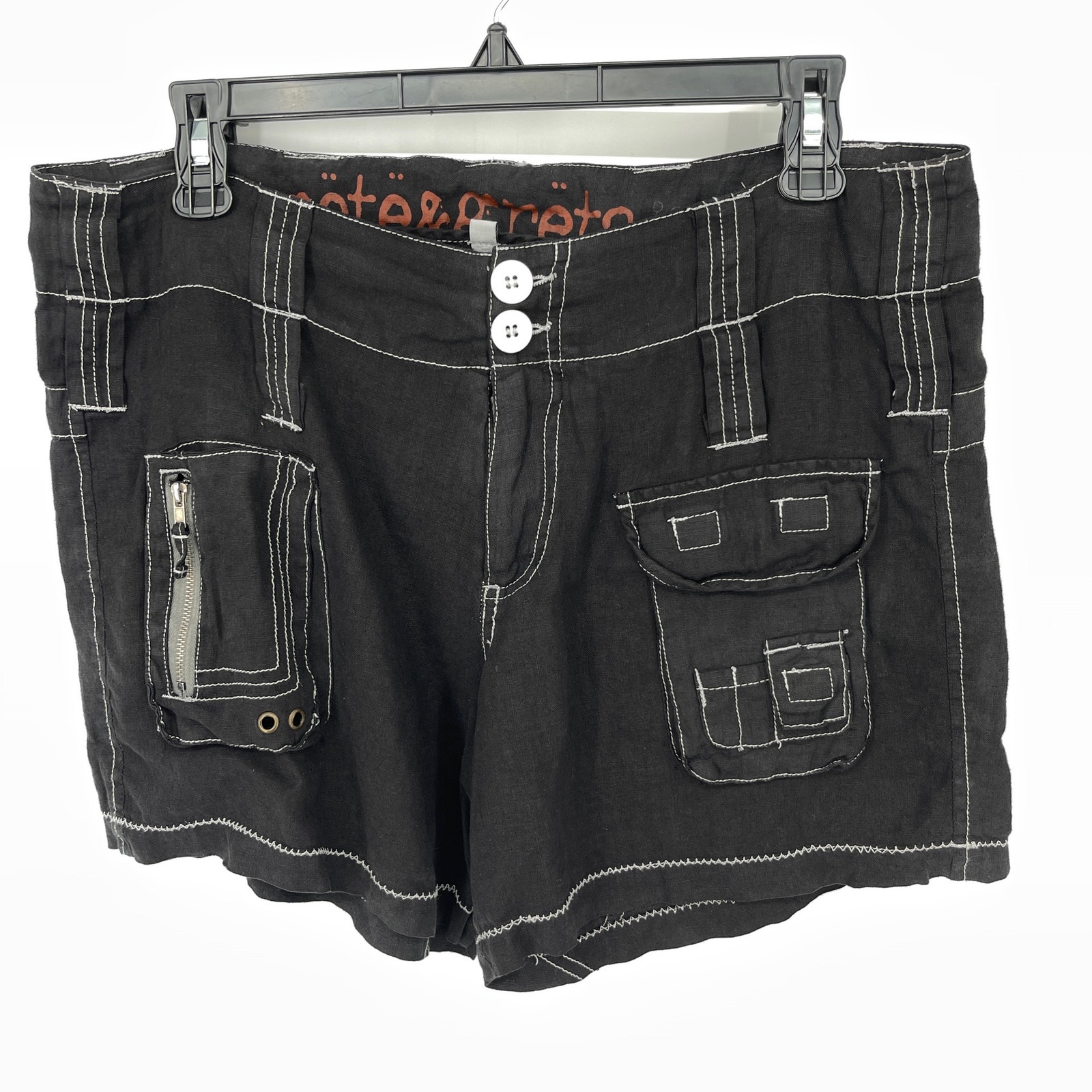 Pete & Greta By Johnny Was NEW Black Linen Y2K Cargo Shorts Thread Accents Sz 4