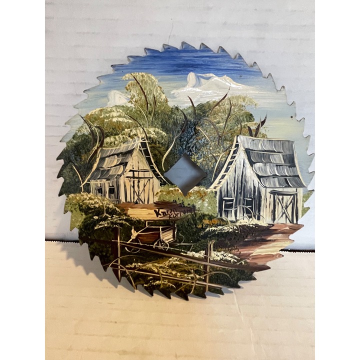 Hand Painted Rustic Cabin Scene on Saw Blade- Artist Signed