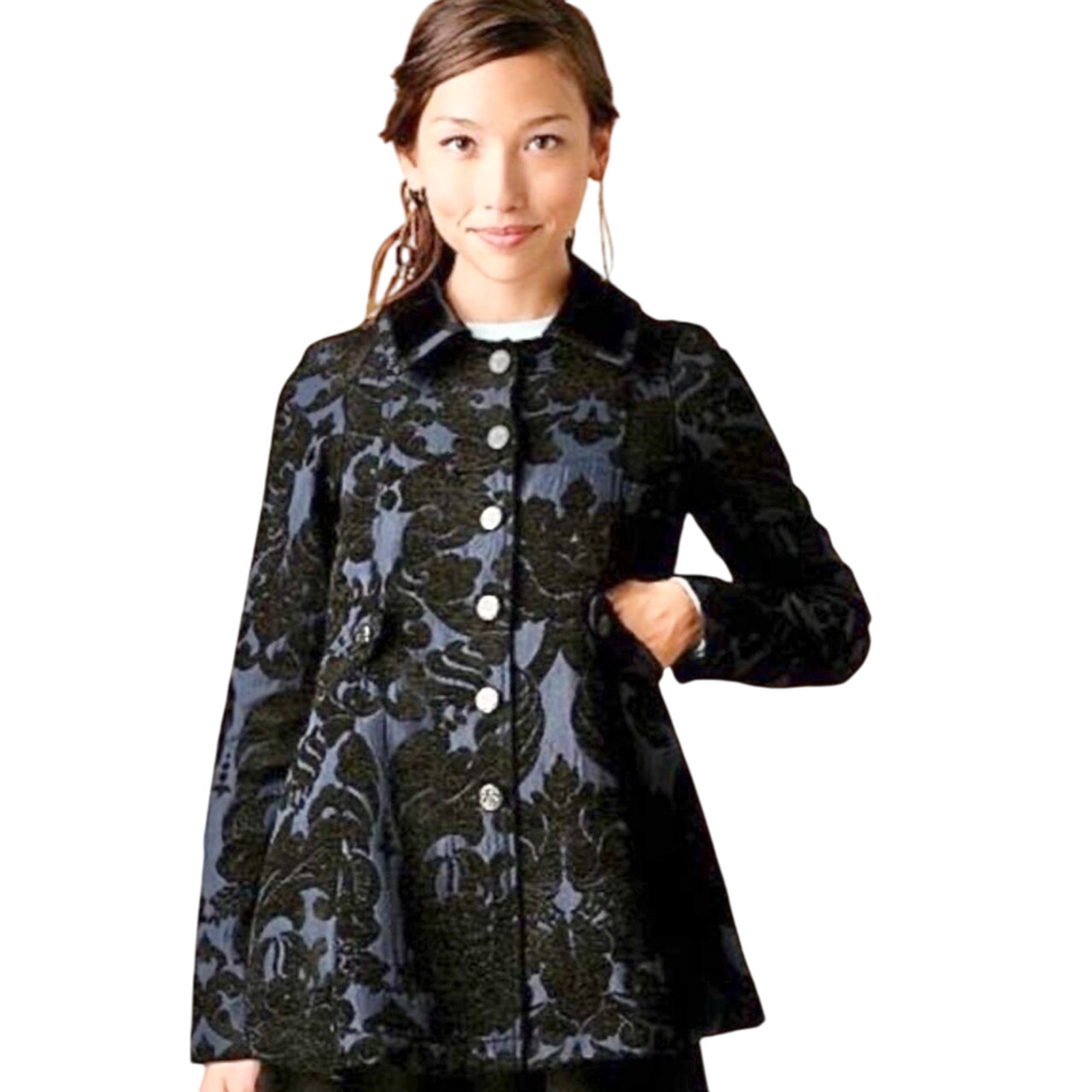 Free People Midnight Brocade Velvet Tapestry Newsroom Peacoat Jacket Sz 10