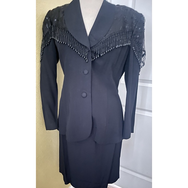 Studio 1 Western Beaded Womens Jacket Embellished Skirt Set Size M Black Vintage