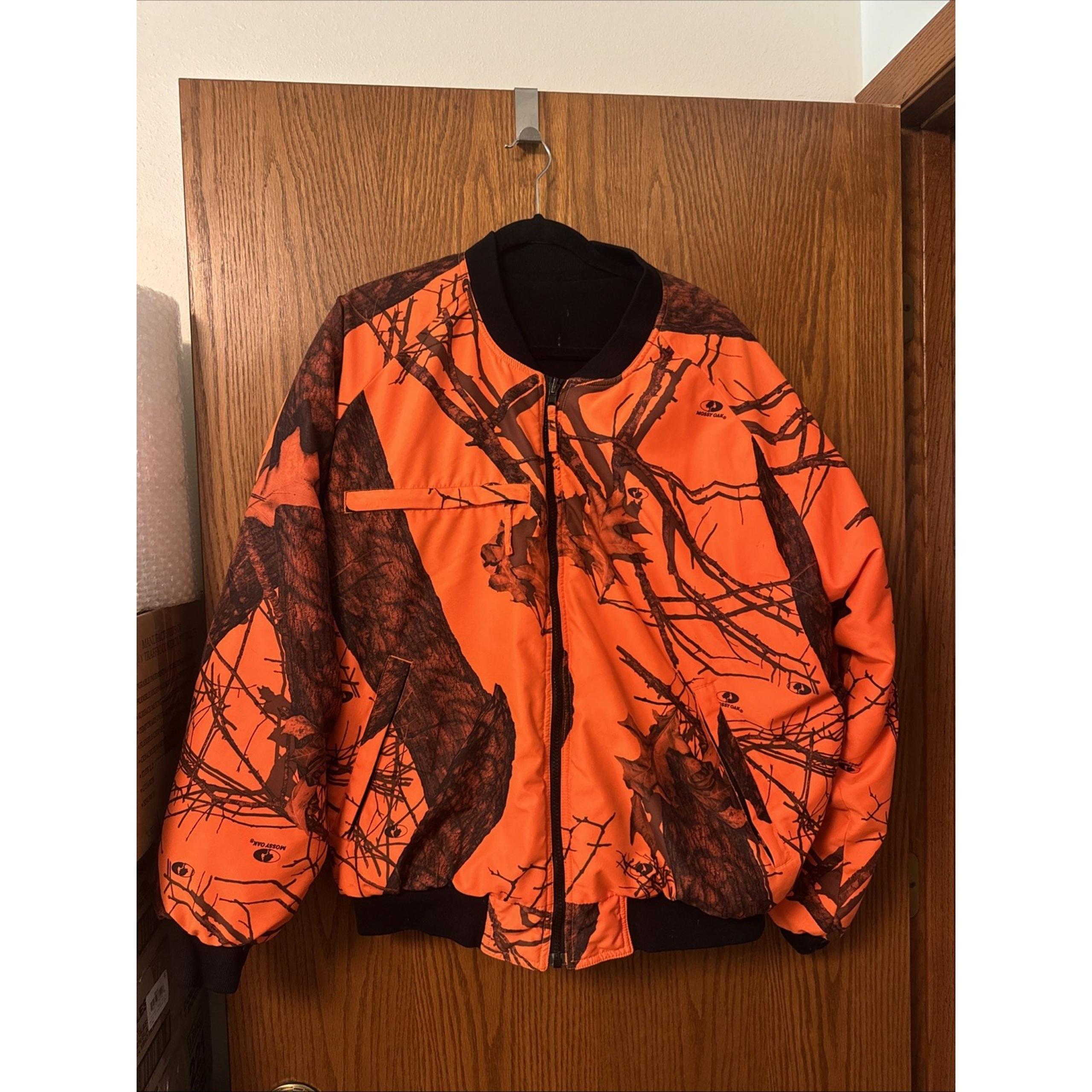 Vtg 90s HFC Mens XL Quilted Reversible Bomber Jacket Blaze Orange Camouflage