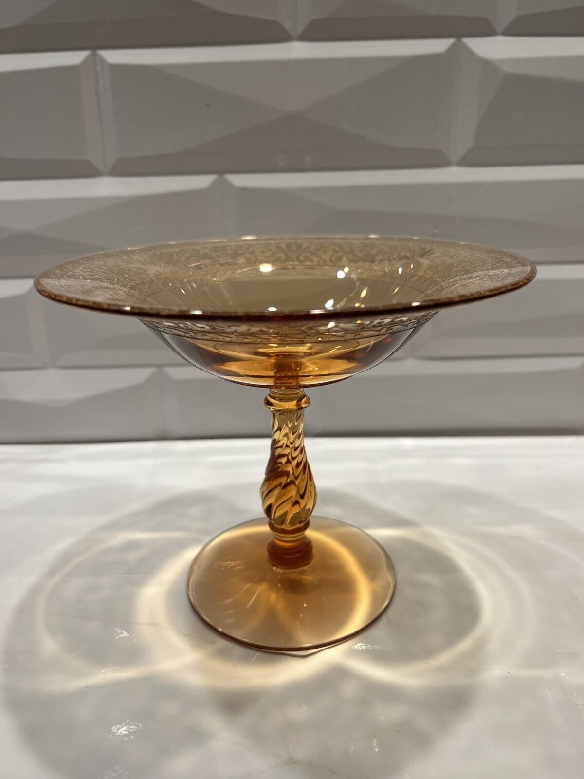 Vintage Fostoria Vesper Amber Glass Etched Round Compote