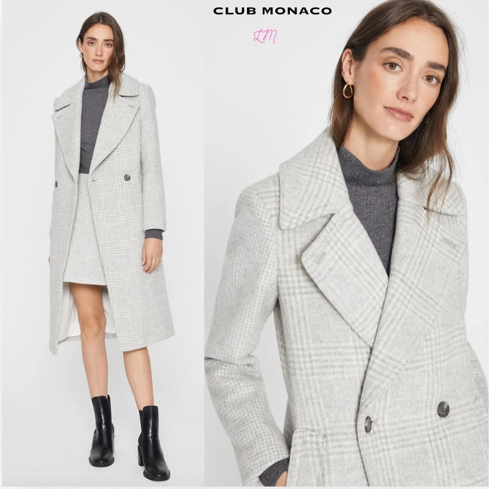 Club Monaco Daylina Coat Plaid Light Heather Grey White Medium Double Breasted