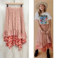 Free People Skirt 8 Beige Orange Floral Tiered Asymmetrical Lined Boho Midi
