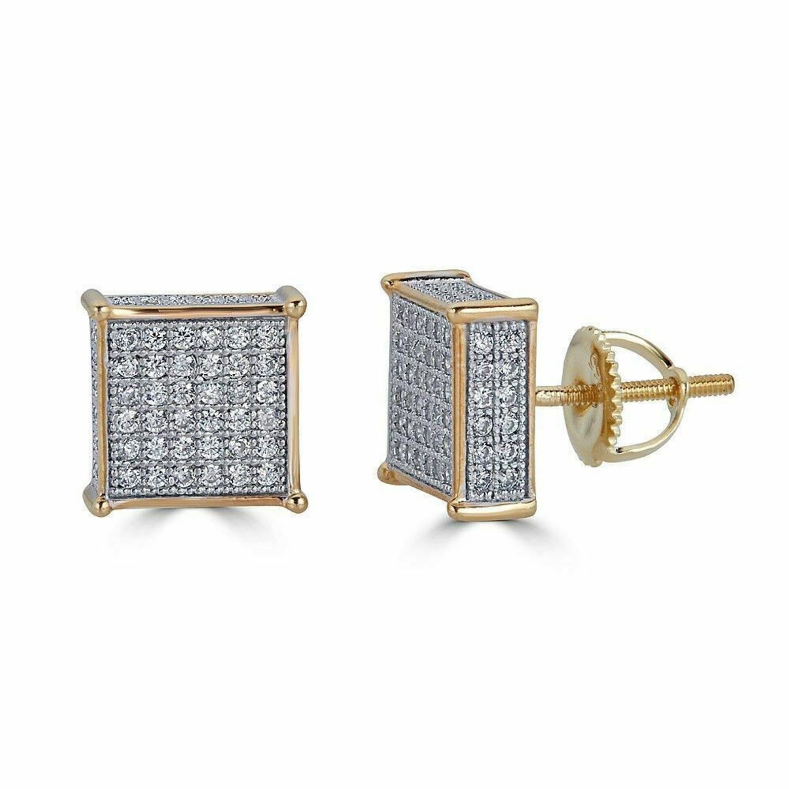 Men's 14k Gold Plated REAL 925 Silver 3/8 Square Diamonds Stud Earrings Hip Hop