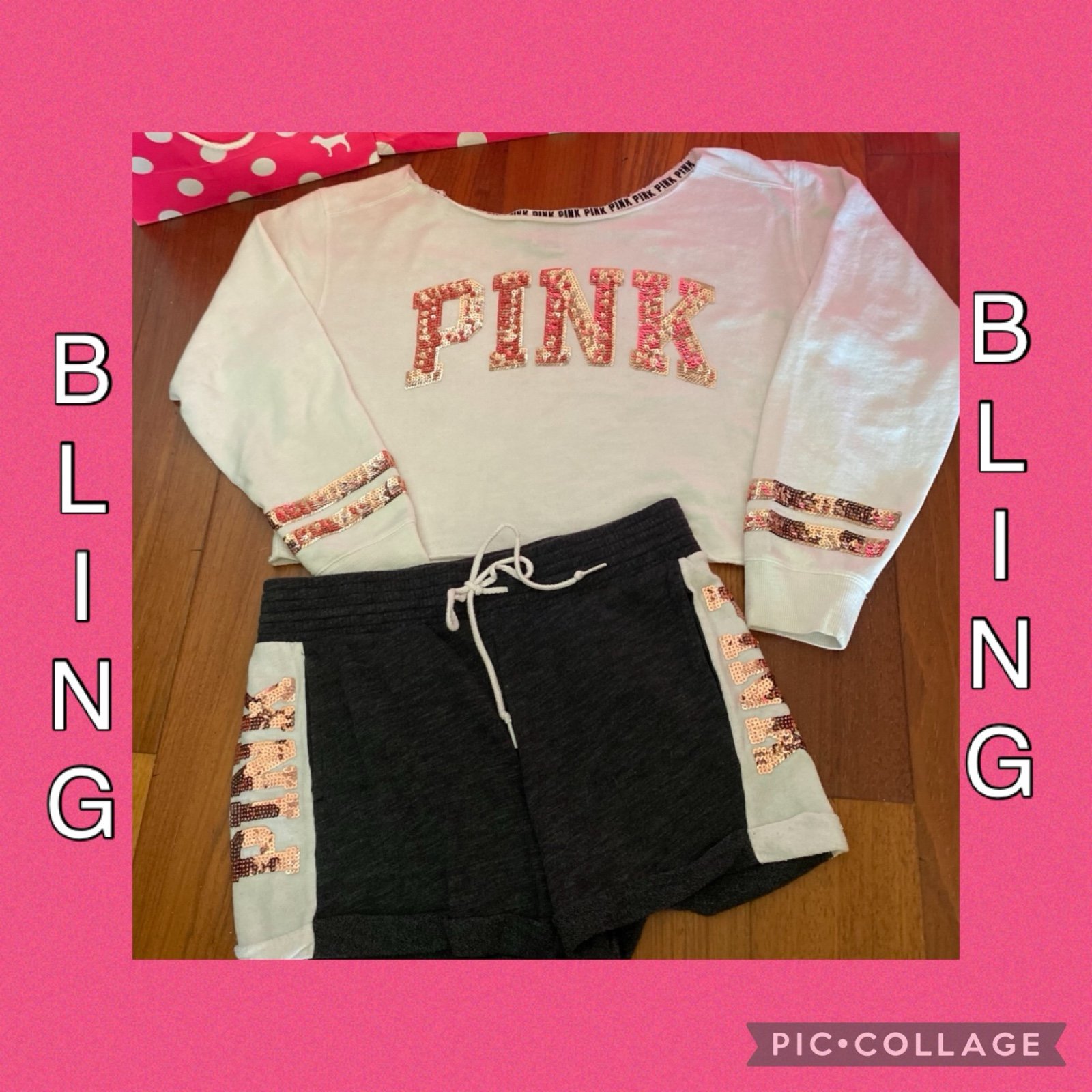 VS PINK BLING Shorts and BLING Slouchy Crew SET