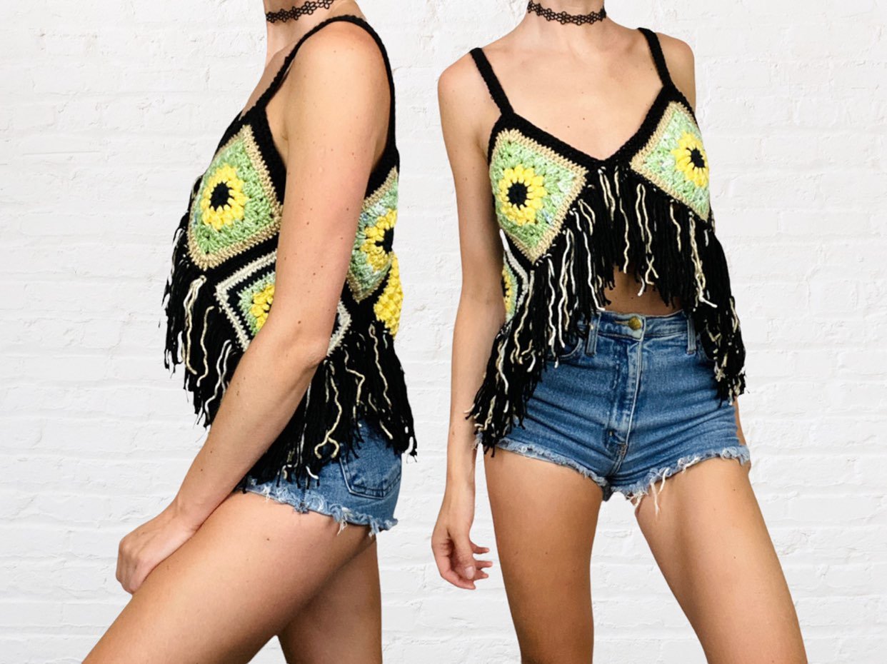 HANDMADE | Multicolored Crochet Granny Square Sunflower Fringed Festival Top