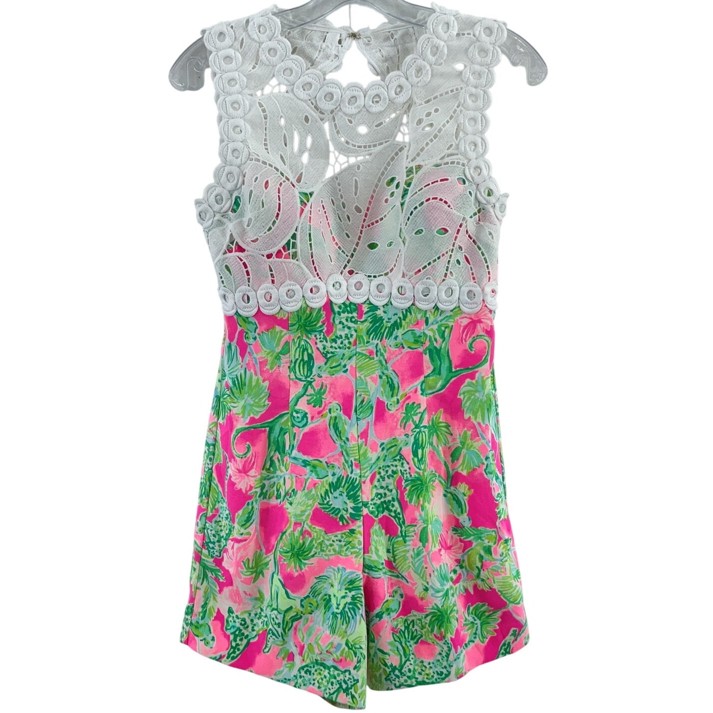 Lilly Pulitzer Green/Pink Jungle Print Lace Sadie Romper Womens Size 0 Polyester