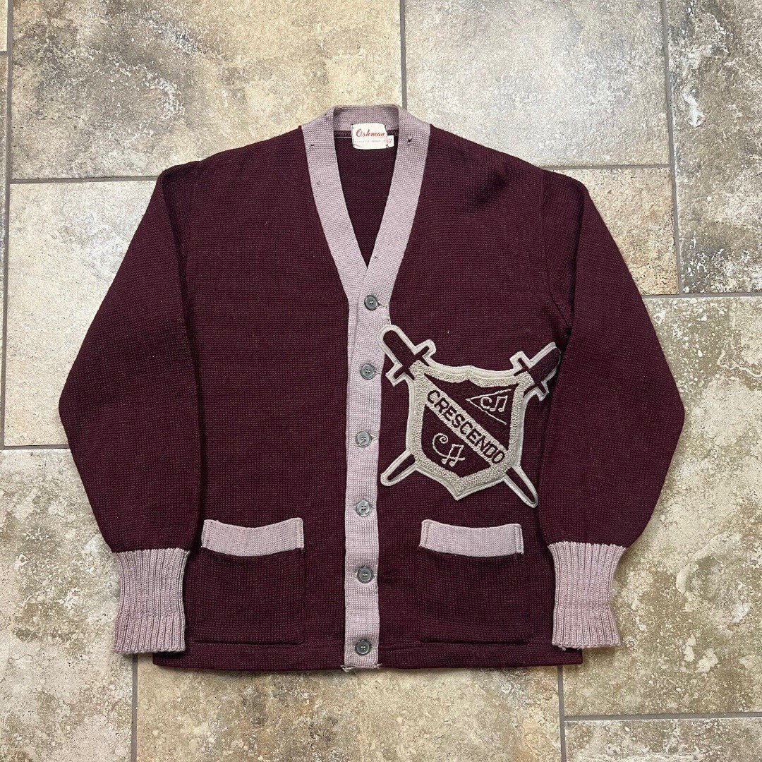 Vintage 40s Cardigan Sweater Varsity 42 Adult S/M Crescendo Music School Wine