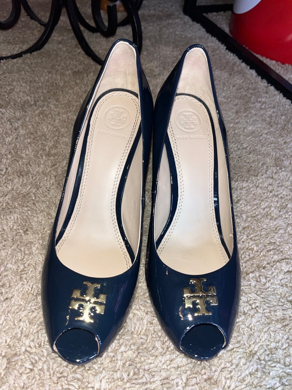 Tory Burch peep toe wedges, navy blue, size 8