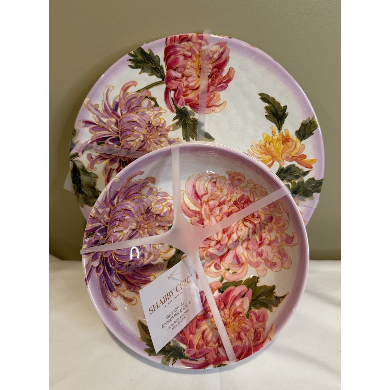 Set of 4 Each Shabby Chic Melamine Floral Dinner Plates & Cereal Soup Bowls NEW