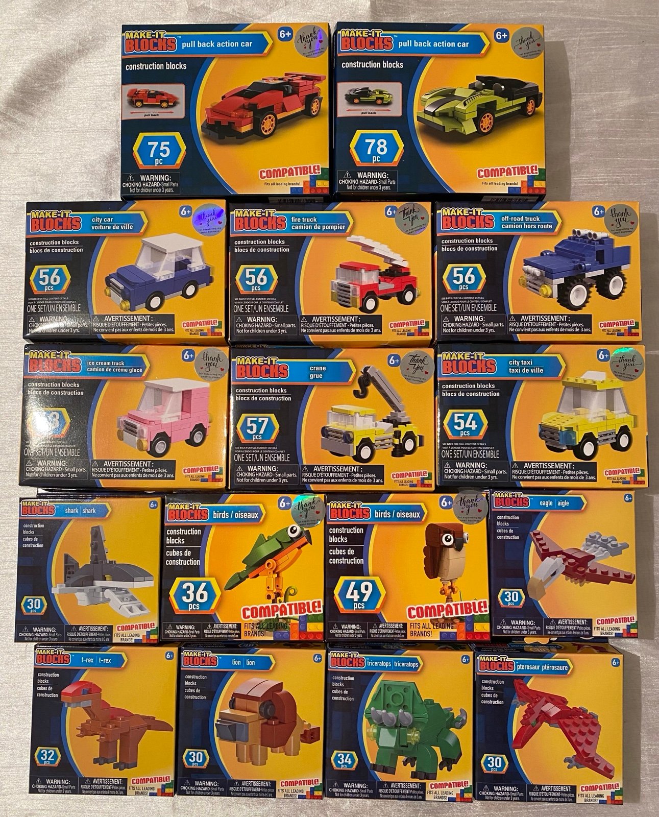 Lot Of 16 Make-It-Blocks, Vehicles, Animals, Dinosaurs, Construction