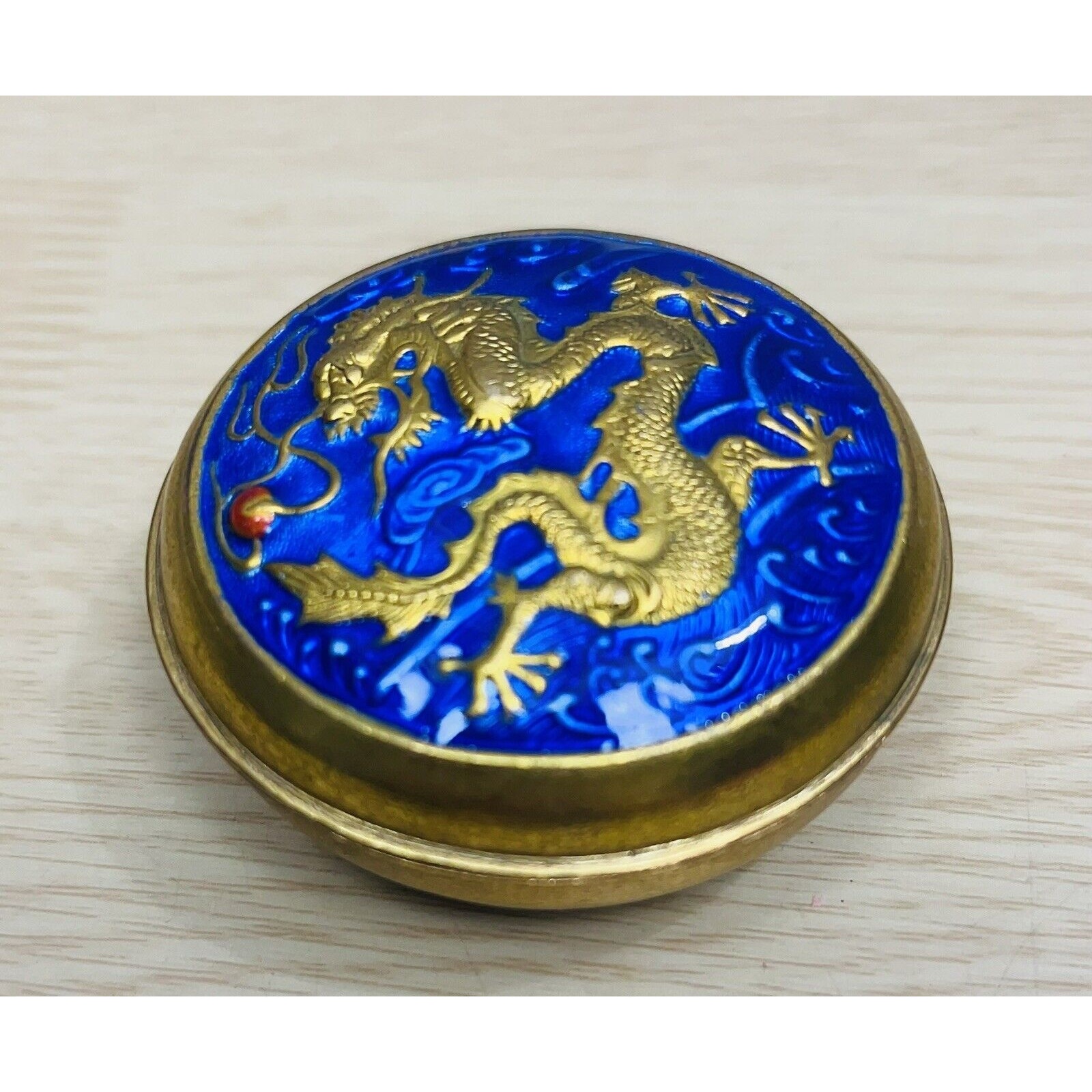 Vintage Chinese Enamel Snuff /Trinket Box-Dragon & Orb-Cobalt Blue /Gold Enamel