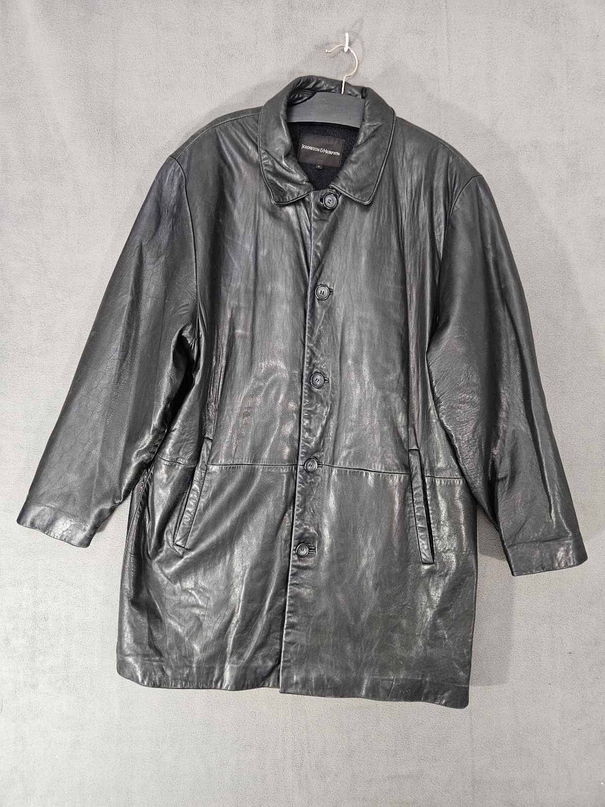 Johnston & Murphy Mens Black Leather Lined Jacket Coat Button Up Size Large L