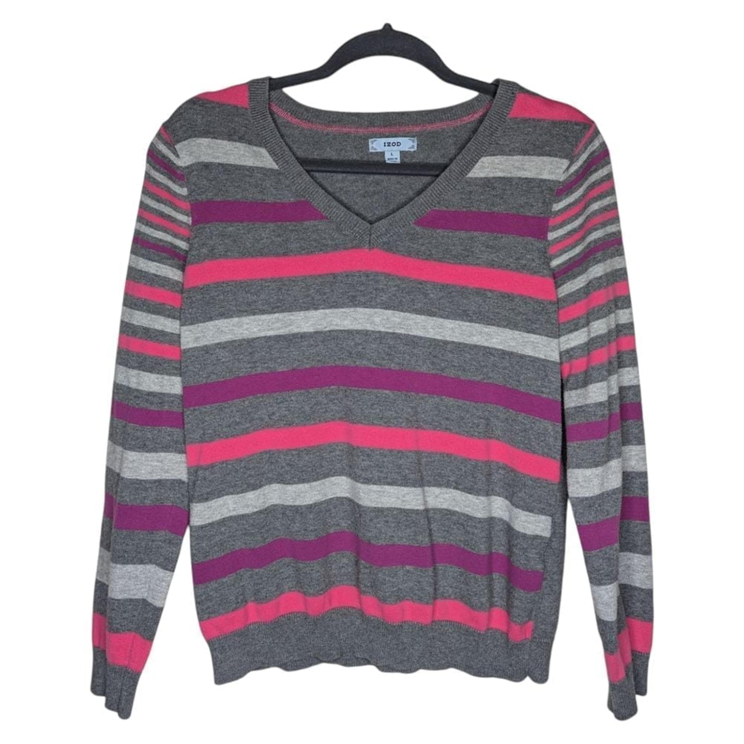 Izod V-Neck Sweater Womens Large Striped Gray Pink Purple Pullover Long Sleeve