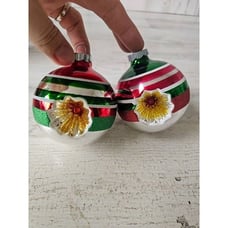 Vintage radko shiny Brite indent green red striped glitter ball ornament set Xma