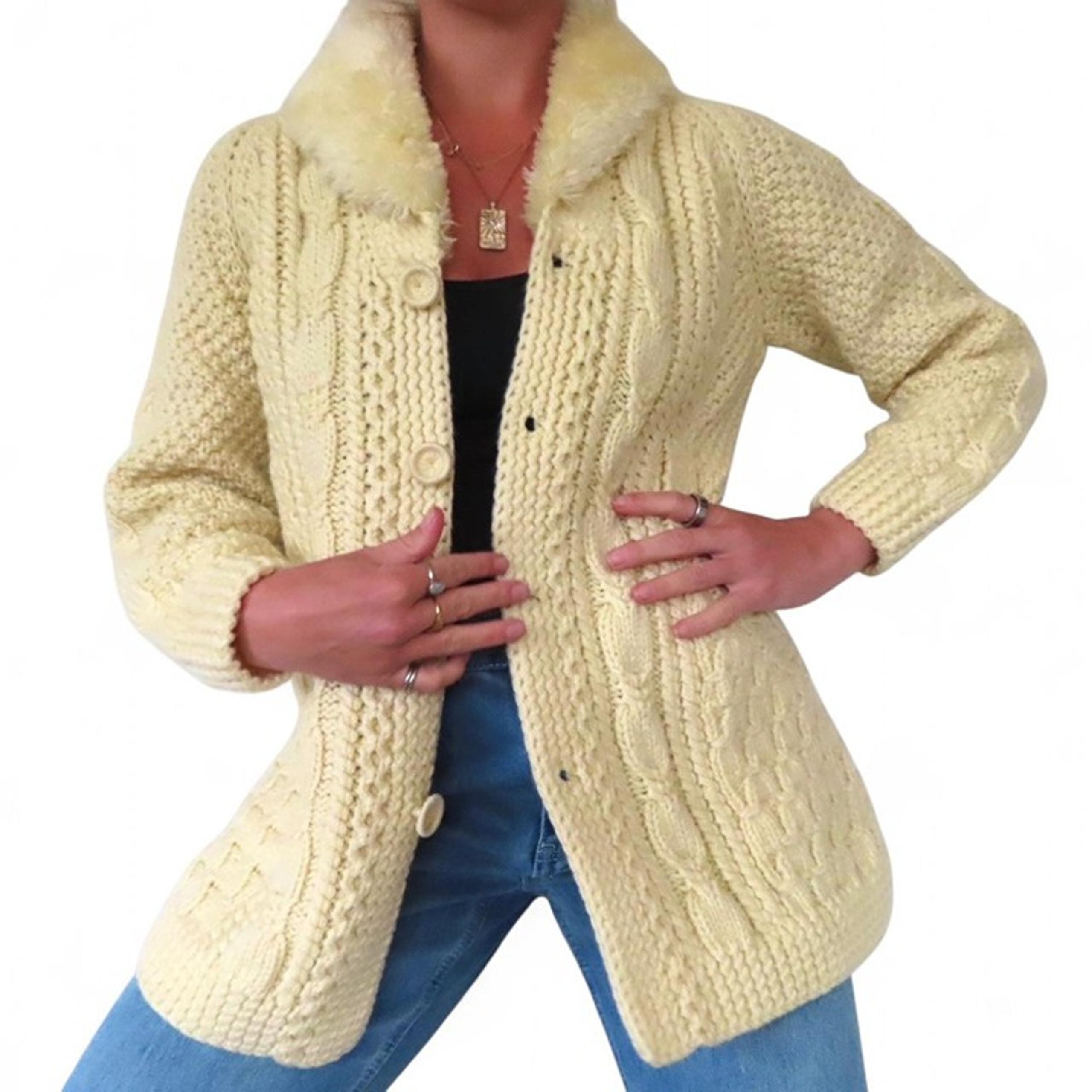 AMERICAN VINTAGE CREAM YELLOW VINTAGE 70S CABLE KNIT CARDIGAN SWEATER WOMENS MED