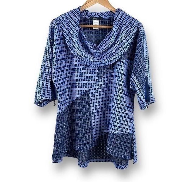 Yushi top large navy and periwinkle blue open weave loose fit cowl neck elbow sl