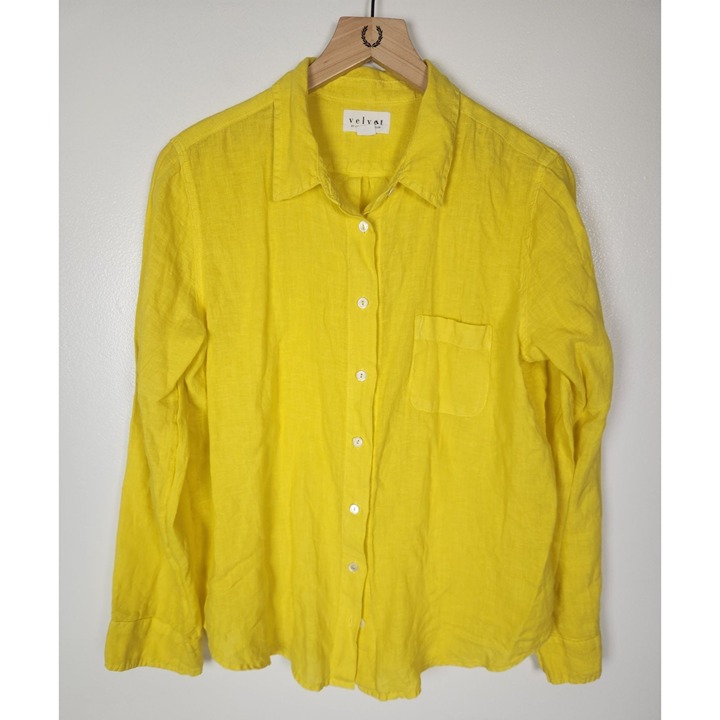 Velvet Graham & Spencer Women's Sz. M 100% Linen Yellow Button Up Shirt