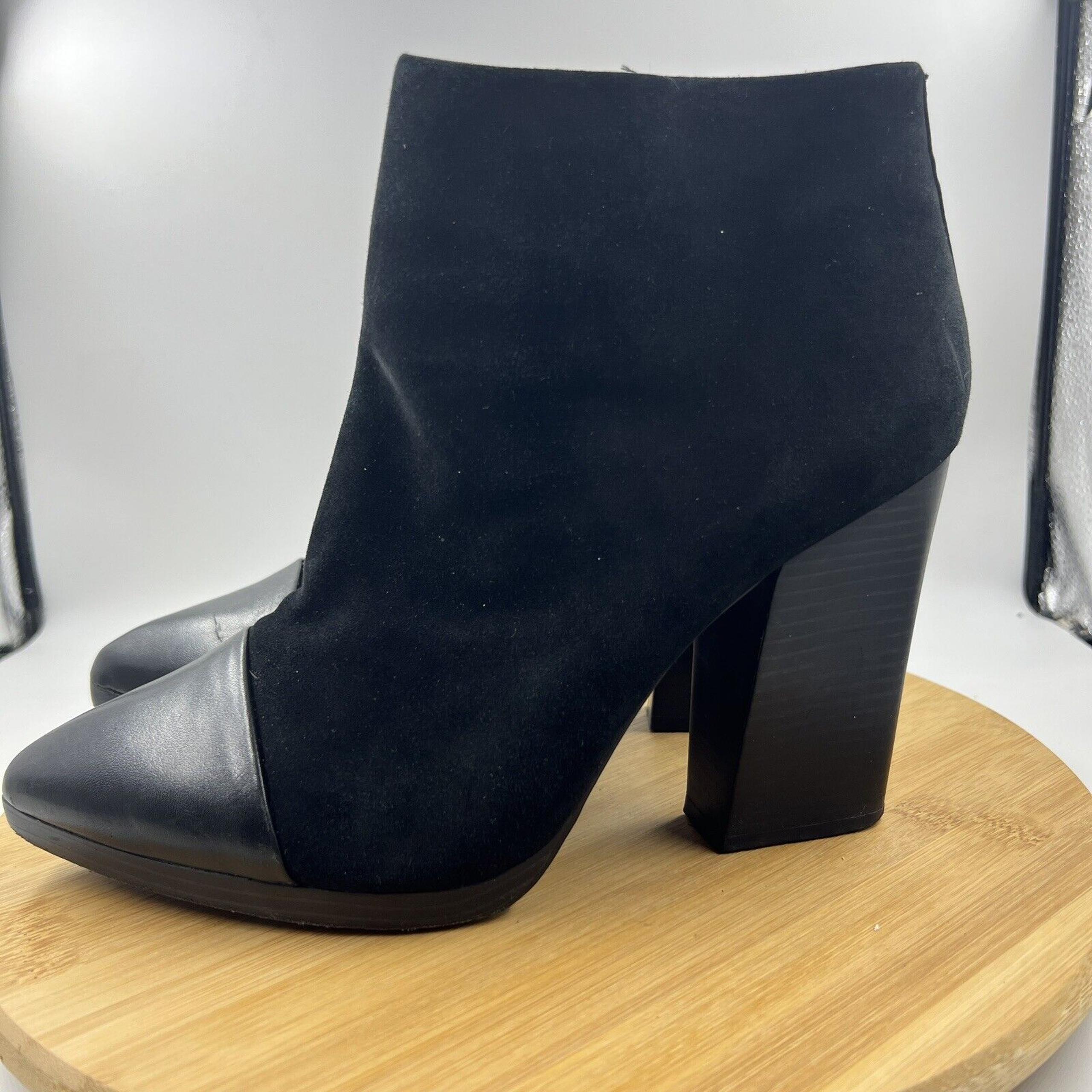 Tory Burch Rivington 100 Ankle Boots Sz 9 Black Suede Leather Cap Toe 4” Heel