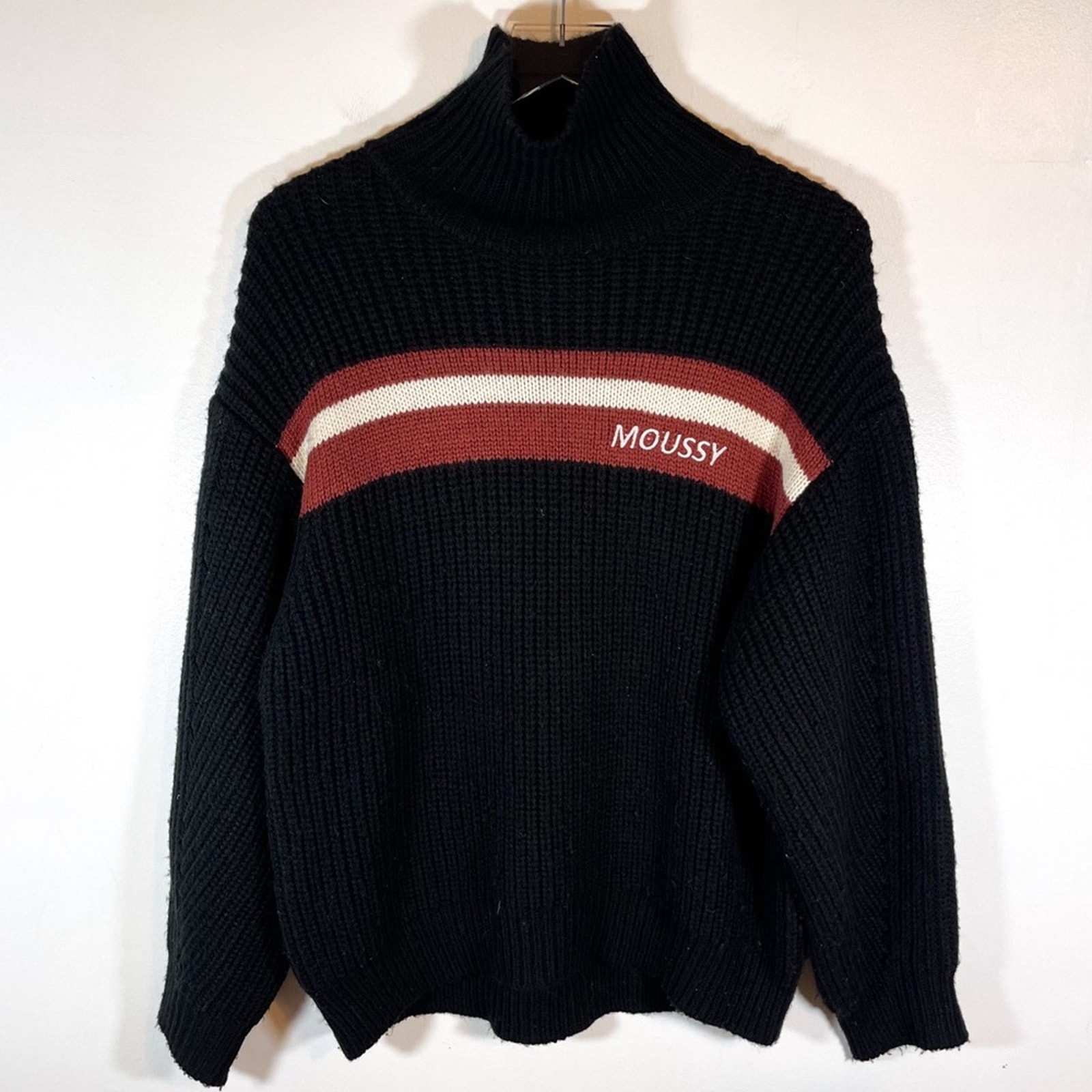 Moussy Wool Vintage Checkered Logo Striped Black Mock Neck Sweater One Size