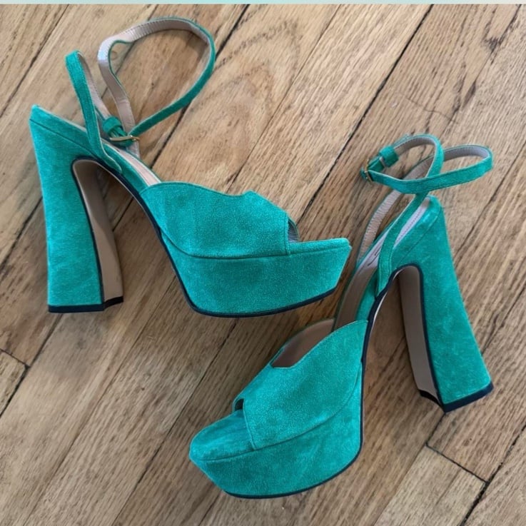 REVE D'UN JOUR Vintage Inspired Green Platform Sandals Heels 7.5