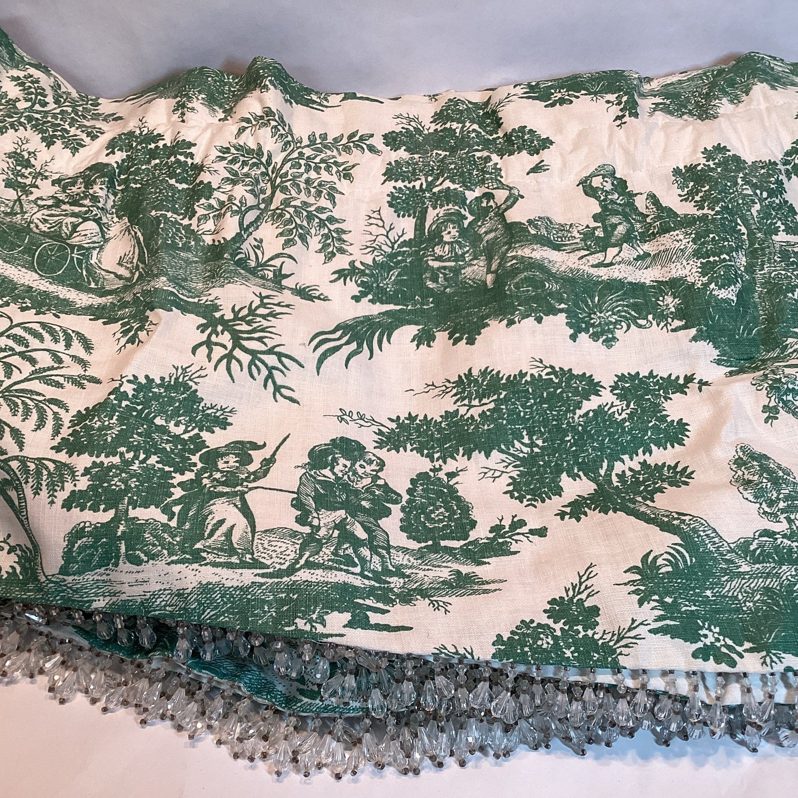 Children Playing Toile Valance Green White Beaded Trim Custom Made VNTG Fabric