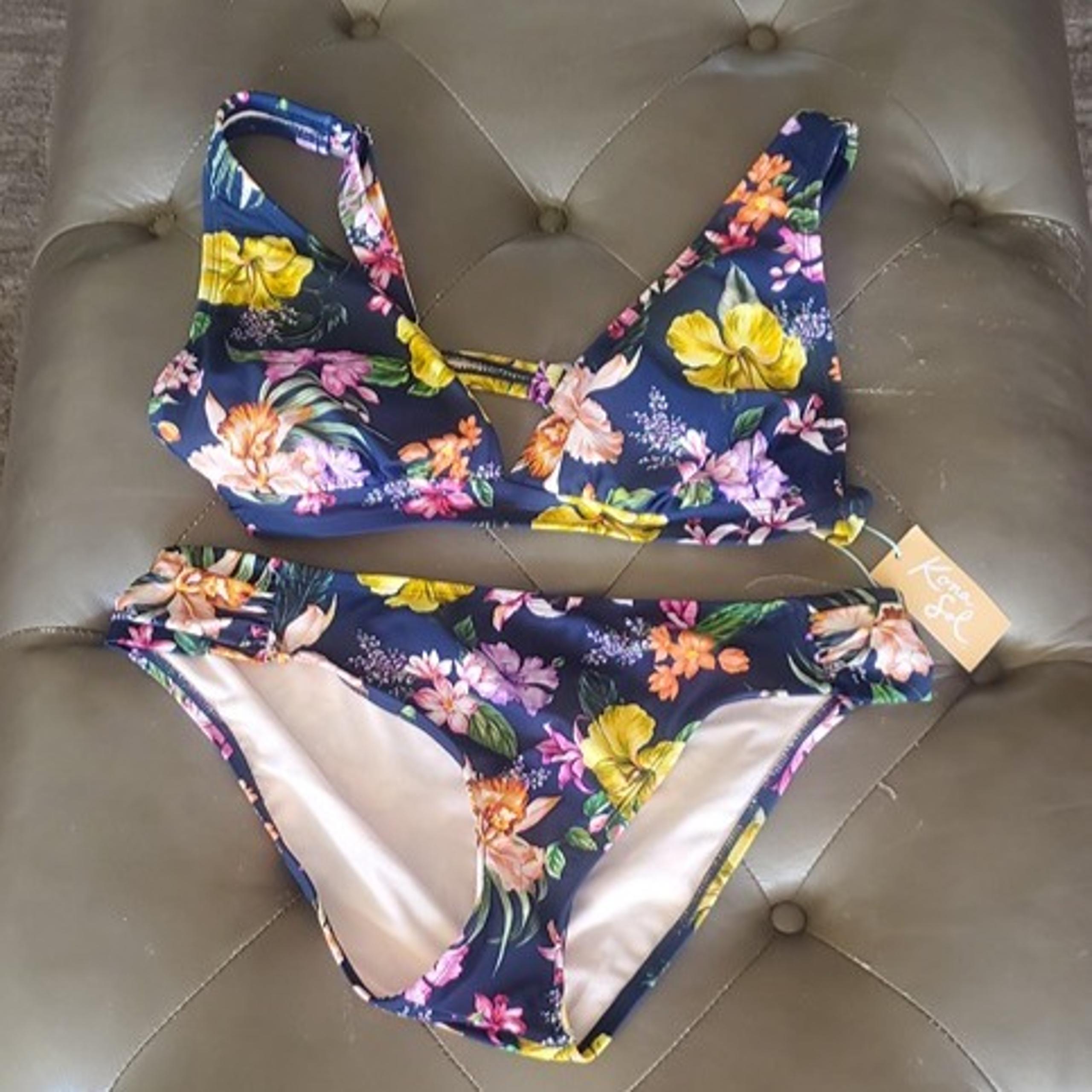 Kona Sol Womens Navy Flowered Bikini Set Size L (12-14)