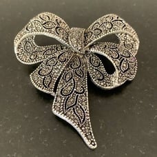 Large Faux Marcasite Bow Pin | Open Work Filigree Style with Rhinestones NEW