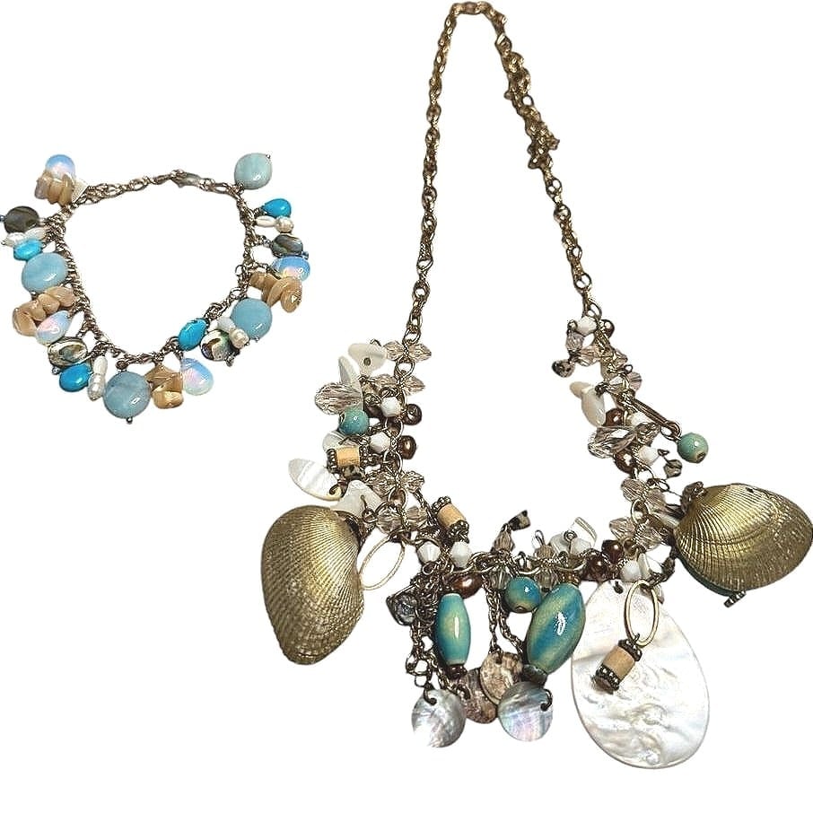 HandMade Shell Necklace Bracelet Set Beaded Charm Coastal Beach Jewelry