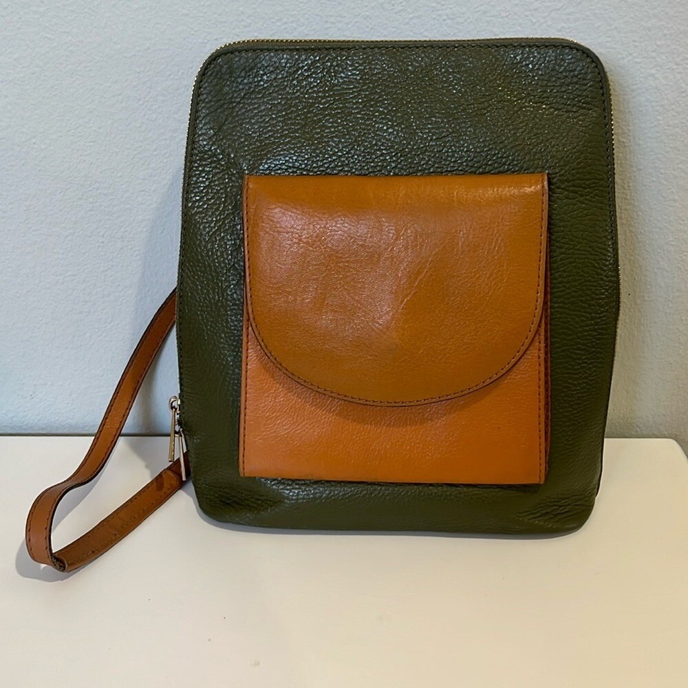 Divina Firenze Olive and Brown Italian Leather Backpack Purse Pebbled Crossbody