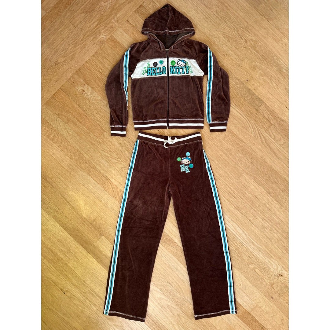Y2k Hello Kitty Chocolate Brown Blue Tracksuit Jacket & Bottoms Girls 14/16