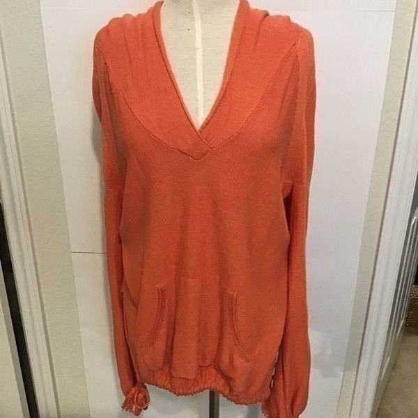 Free People Hoodie Optimistic Linen Coral Orange Drawstring Tie Hem Size SP