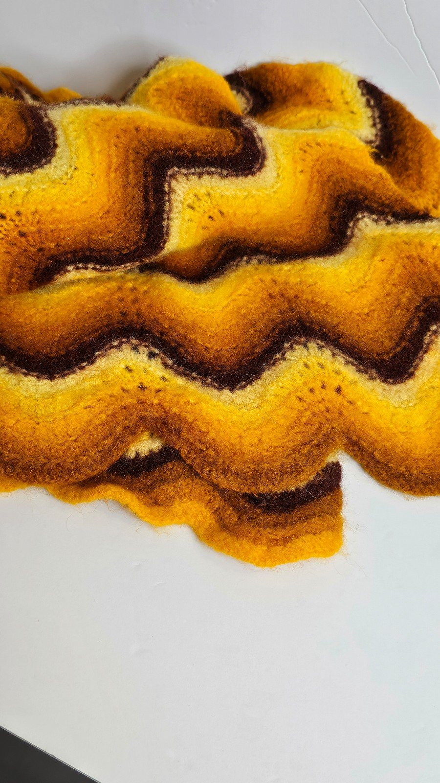Vintage 70s Hand Crochet Blanket Brown Orange Yellow Psychedelic Wave