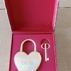 Authentic Christian Dior Gold Heart Lock Charm Pendant with Key and Original Box