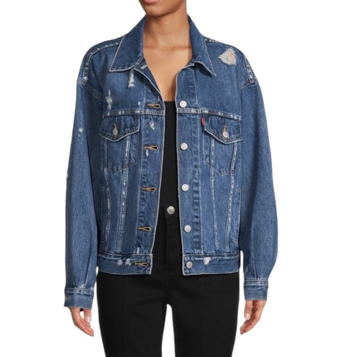 Levis Premium Womens 90s Trucker Mad Love Distressed Denim Jacket Size L Blue