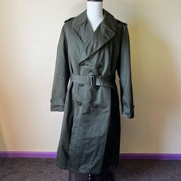 Vintage 1952 US Military Overcoat Trench Coat Wool Lining Korean War Large Long