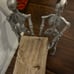 MARTHA STEWART 4 Metal Skeletons Holding Wood Tray Candle Holder Halloween Goth