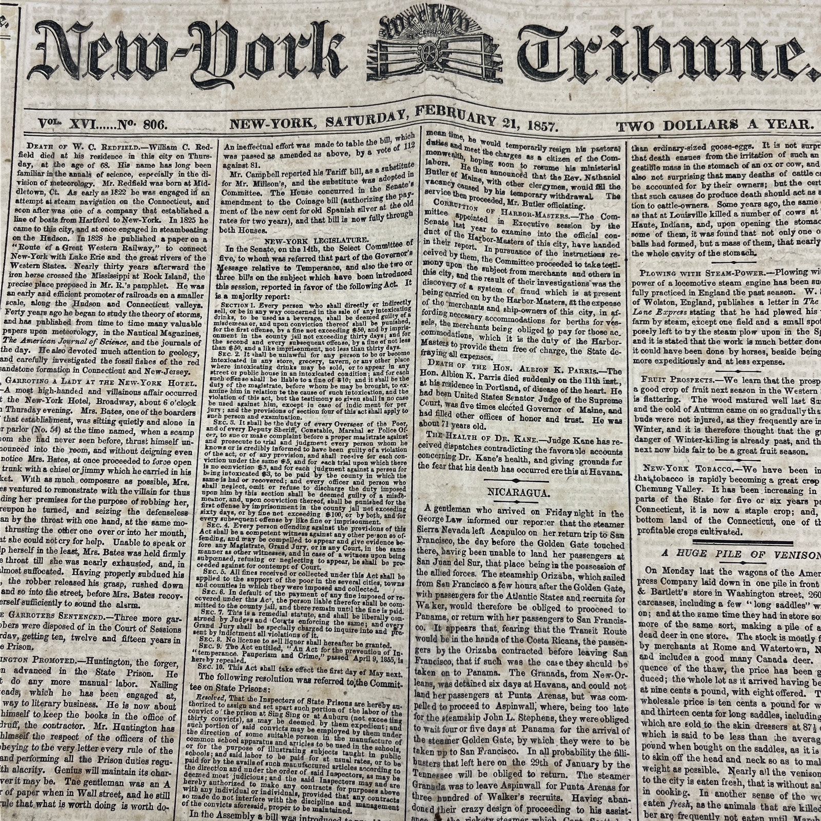 1857 Feb 21 Original New York Tribune - Death of W.C. Redfield FL4