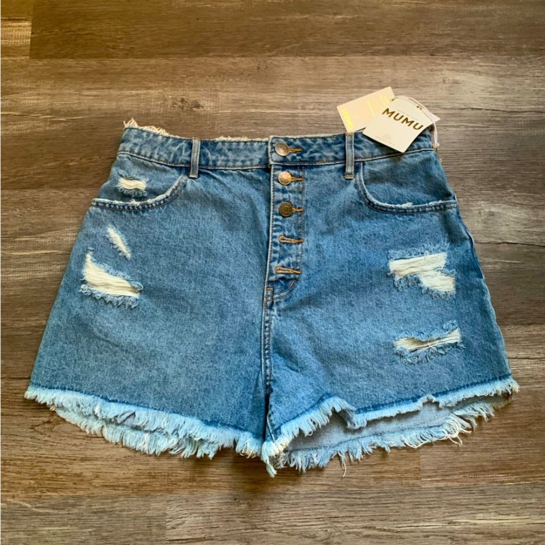 NWT Show Me Your MuMu Shorts Arizona Button Up Shorts Blue Distressed 27 28