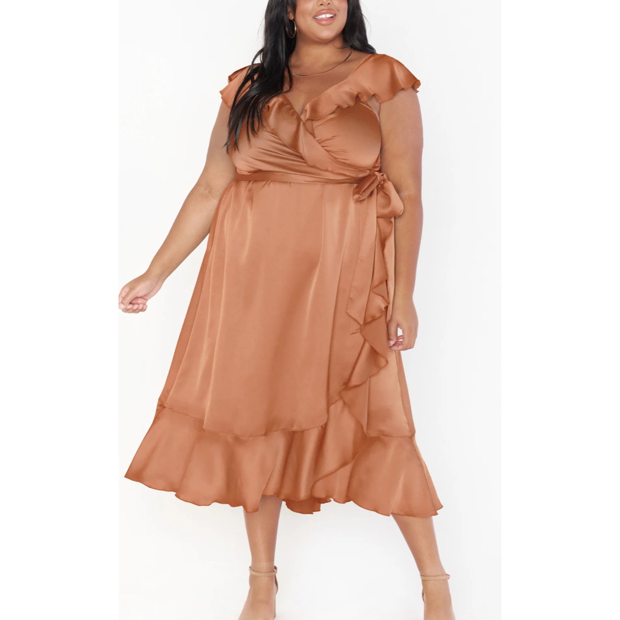 NWOT Show Me Your MuMu Samantha Ruffle Wrap Dress Size 1X Copper Luxe Satin