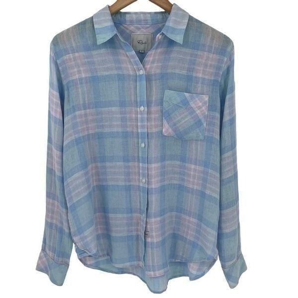 Rails Charli Linen Blend Open Stitch Shirt Button Up Women Small Aqua Pink Blue