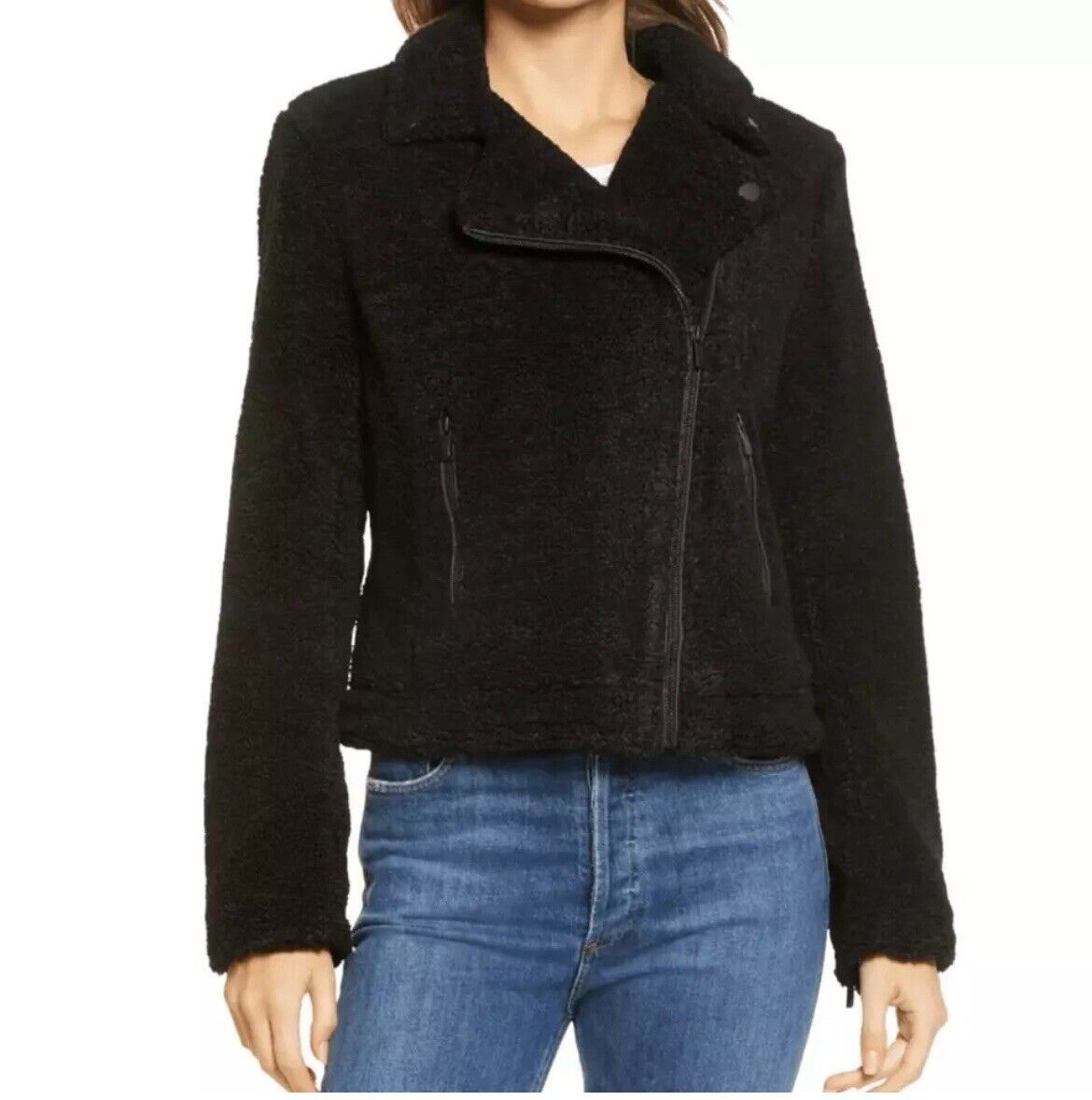 Sanctuary Faux Fur Shearling Moto Jacket Black Size S