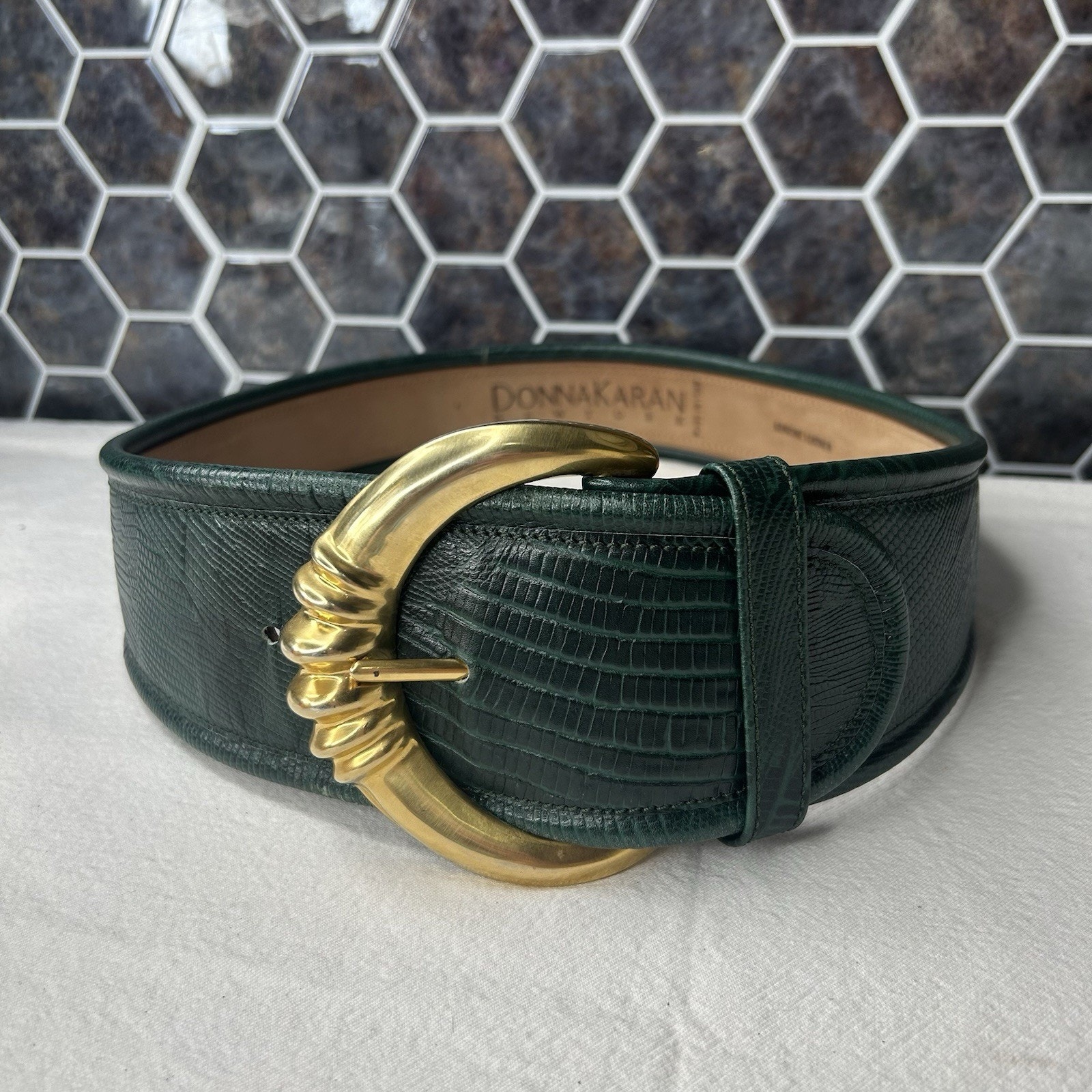 Donna Karan | Vintage | Green Leather Belt | Made in Italy | Animal Print | Sz M