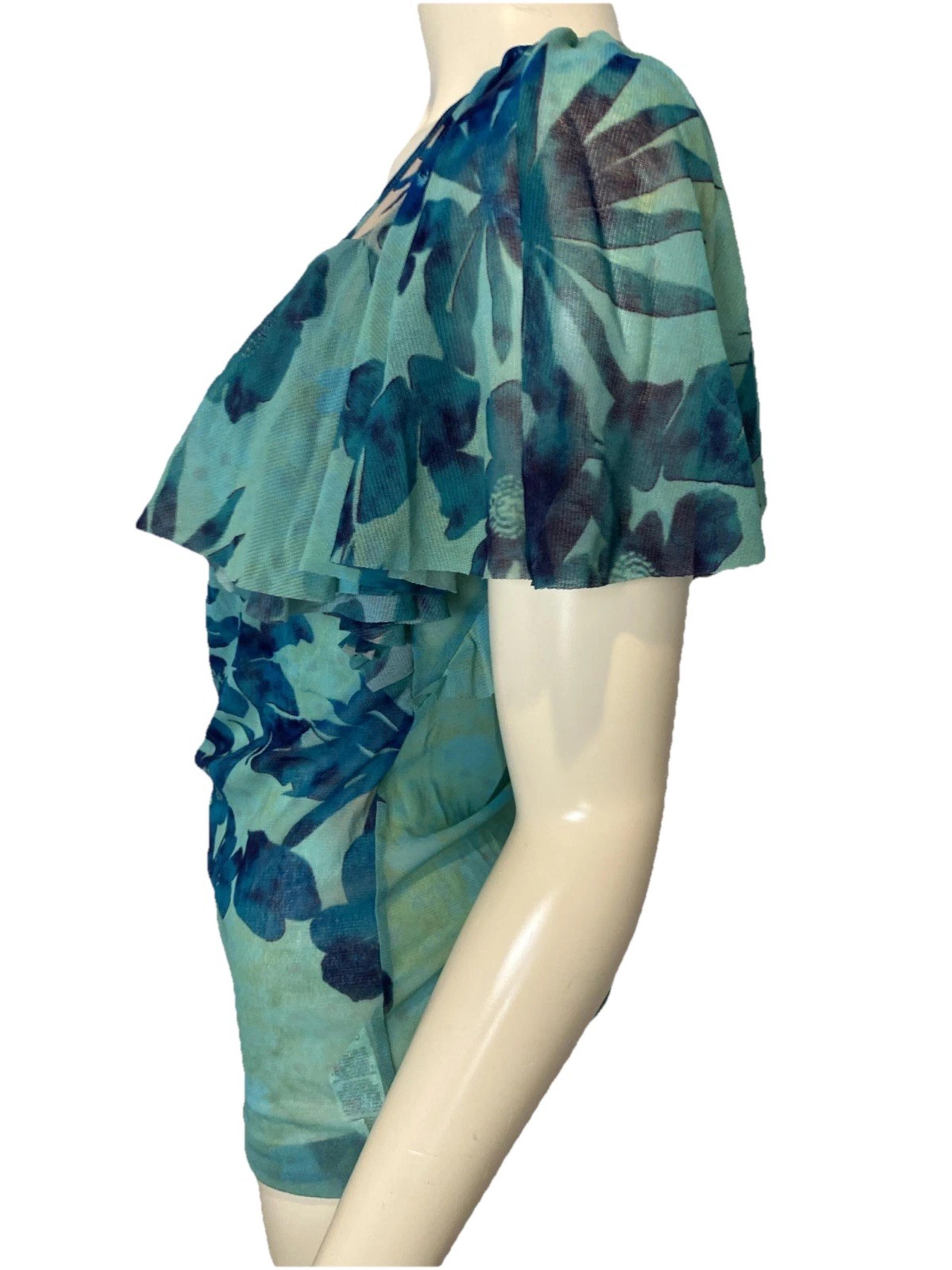 Karen Kane Women's Sheer Flutter Sleeve Blouse Teal Medium