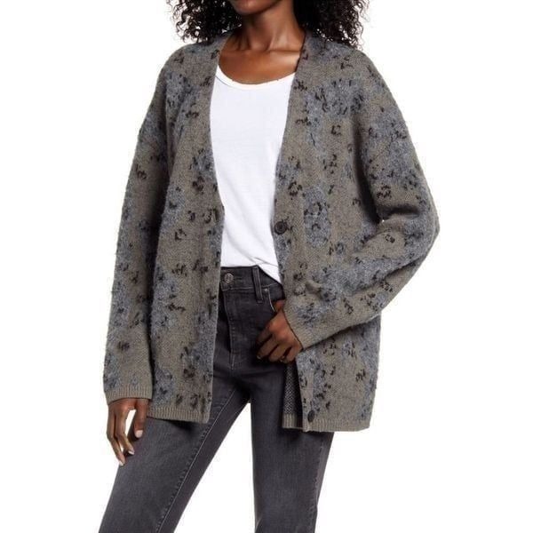 ALL SAINTS Camo Cardigan Sweater, Khaki Green/Charcoal Black, Medium (6/8), NWT